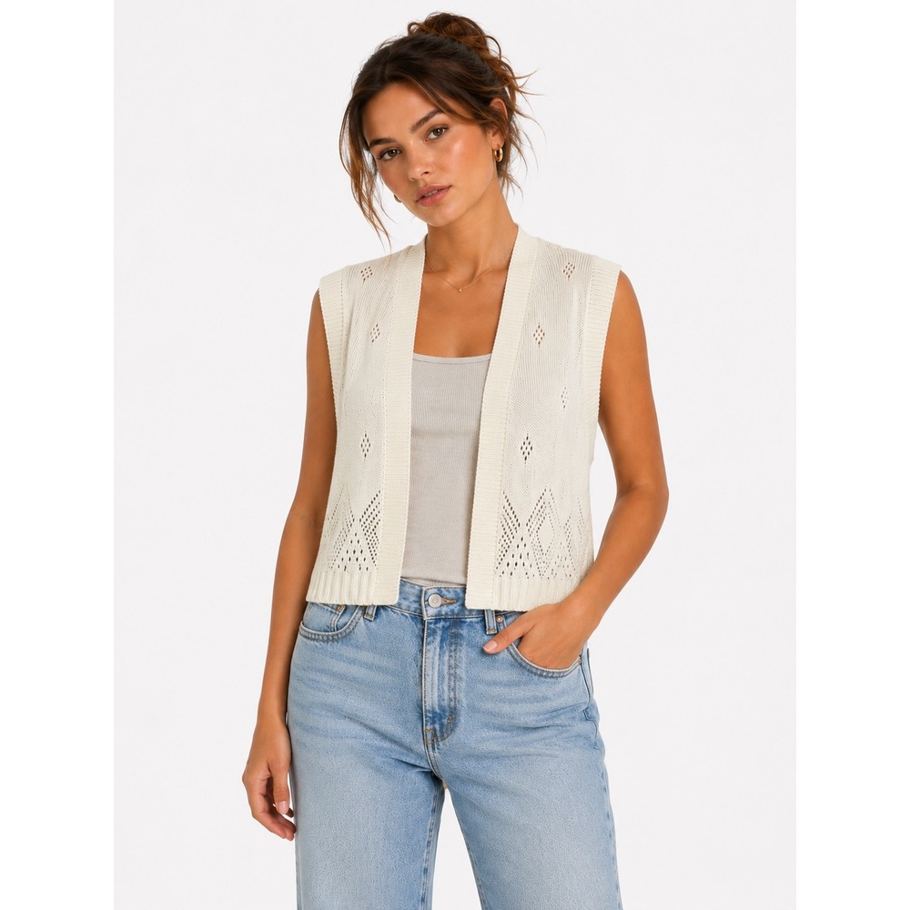 Blair Knit Vest Womens L White Pointelle Open Front Sleeveless Sweater Cardigan